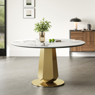 53-Inch Luxury Round Dining Table with Sintered Stone Top - Modern Kitchen Table for 4-8 People, Gold Stainless Steel Base & Easy Assembly, Space-Saving for Apartments