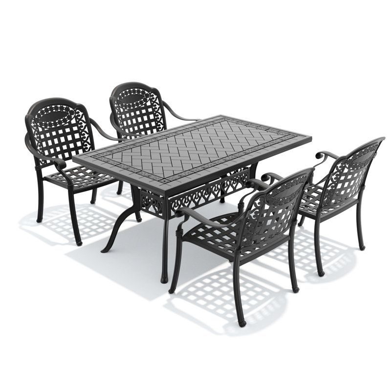 Ensemble de jardin 5 places en aluminium moulé, structure noire, coussins bleus, motifs élégants, revêtement haute température, dossier confortable, empilable, assises antidérapantes.