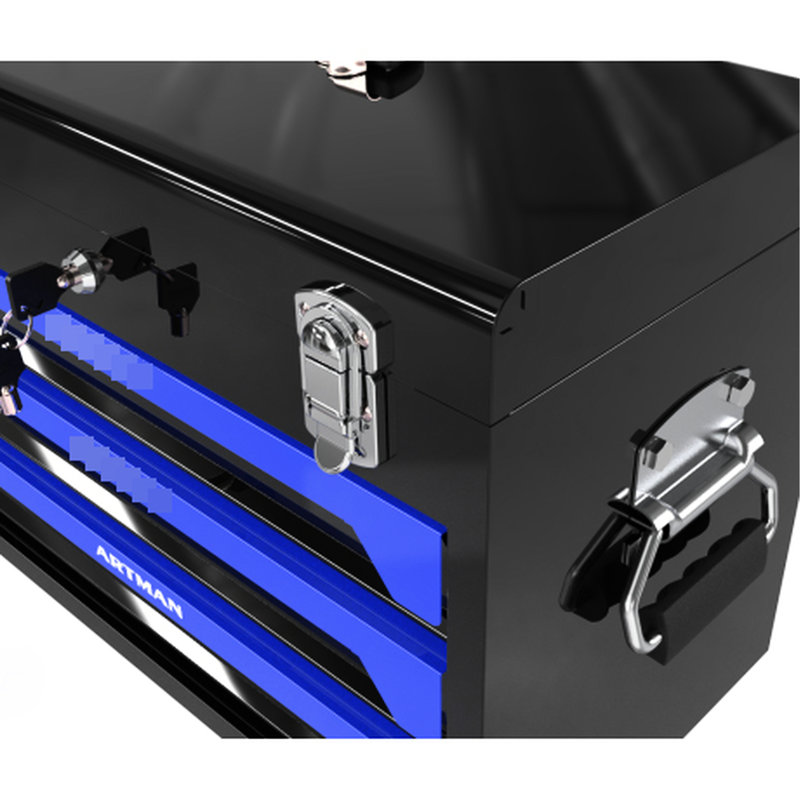 Rangement portatif pour 3 outils en acier avec glissière à roulement, dispositif verrouillable à clé, plateau supérieur, poignée de transport, pour le garage, la maison, la zone de travail, trousse à outils noire et bleue de 20 po, fonctionnalité de verrouillage, bac, transport