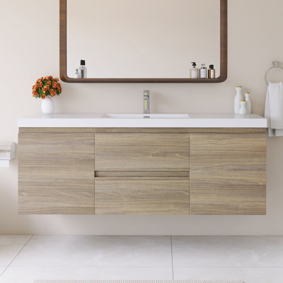 60" Wall Mounted Single Bathroom Vanity With White Integrated Resin Top