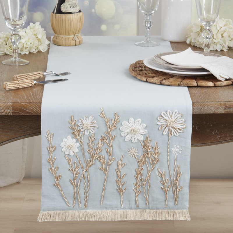 Embroidered Floral Table Runner – Lined Decorative Table Runner with Fringe for Dining & Console Tables, 16"x72", Blue