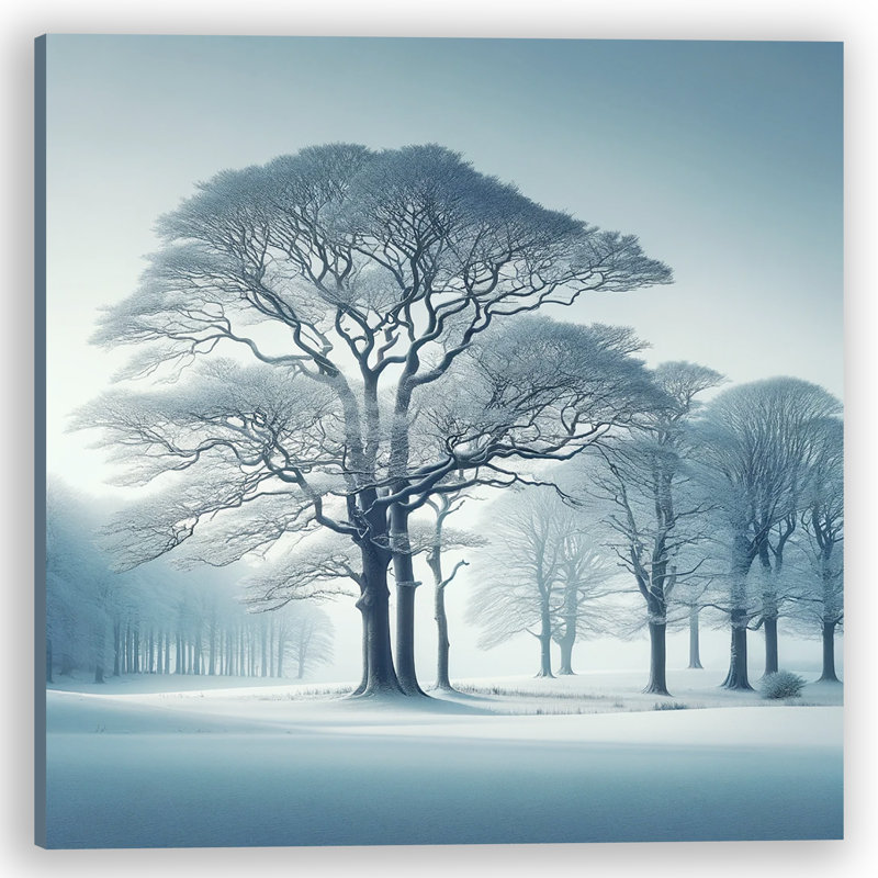 Solitaire sentinelle: arbre majestueux dans un silence de neige sur toile, H 12 po x l 12 po x P 1 po