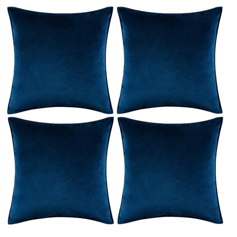 Set Of 4 Throw Velvet Cushion Covers, Dark Blue, 18"H x 18"W