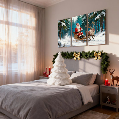 Ensemble de 3 reproductions d'art sur toile de Noël, père Noël et renne en traîneau dans la forêt d'hiver