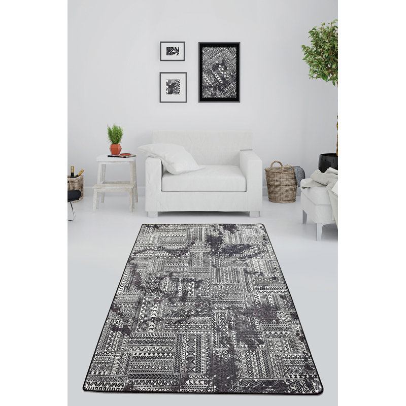 Durable Hall Carpet - 3.3 x 6.6 Feet, Black & White | 100% Polyester, Total Thickness: 0.4 Inches | Antibacterial, Non-Slip Underside, Machine Washable | Perfect for High Traffic Areas, Easy to Clean & Maintain