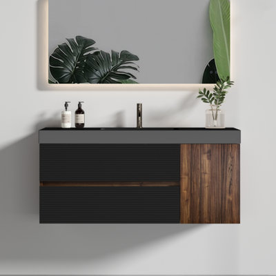 48" Bathroom Vanity In Walnut And Black, Wall Mounted, E0 Water - Based Lacquer Finish, U Shaped Drainage Drawers, Large Storage Space With Matt Black Engineered Quartz Sink, 1 Door 2 For Resistance,