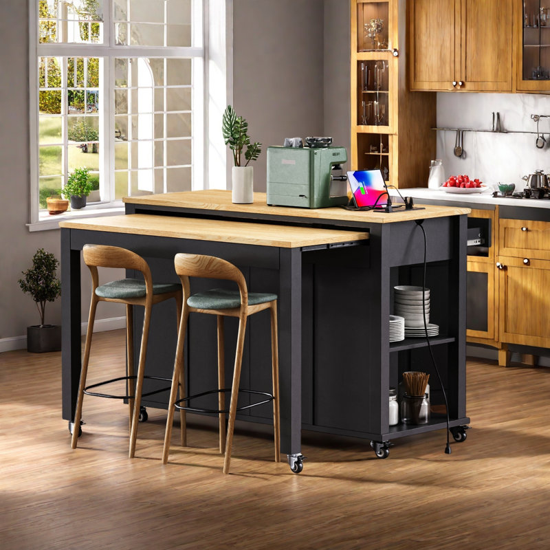 Îlot de cuisine avec table de salle à manger extensible, support de rangement interne, prise de courant, 2 tiroirs, 2 armoires et tablettes ouvertes