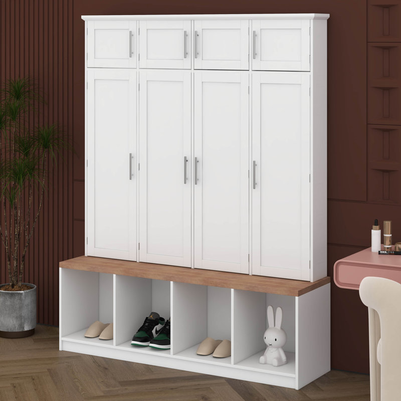 Farmhouse Hall Tree With 4 Hidden Hanging Hooks, Versatile Walnut Seating Bench With 8 Doors, Entryway Shoe Cabinet With Open Compartments