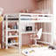 Lit mezzanine double en bois blanc avec tablettes et bureau. Fabrication en pin. Maximisez l'efficacité de l'espace. Polyvalent pour étudier et se détendre. Aucun sommier tapissier requis. L 79,5 po x l 57 po x H 65 po. Supports