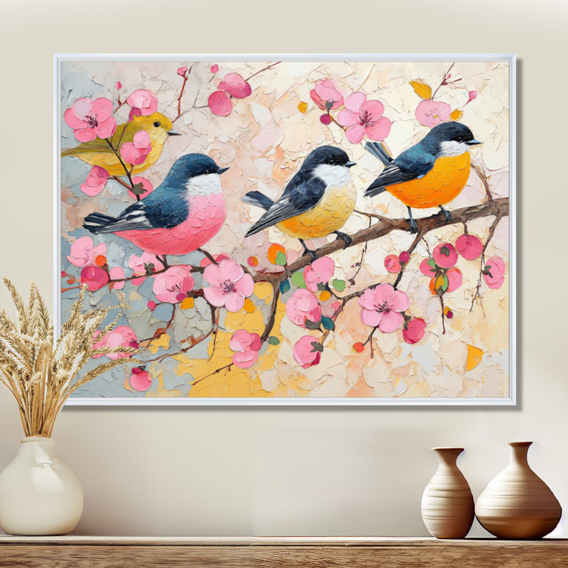 Décoration murale rose, oiseaux noirs et branches I - décoration murale oiseau, H 30 po x l 40 po, Cadre flottant blanc