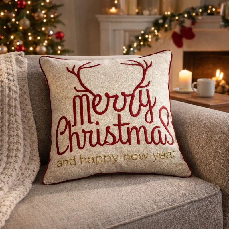 Housse de coussin décoratif, Merry Christmas, rouge avec accents dorés, carré de 20 pouces