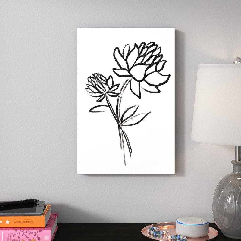 Fleurs noires et blanches - reproduction de dessin sur toile tendue, H 18 po x l 12 po