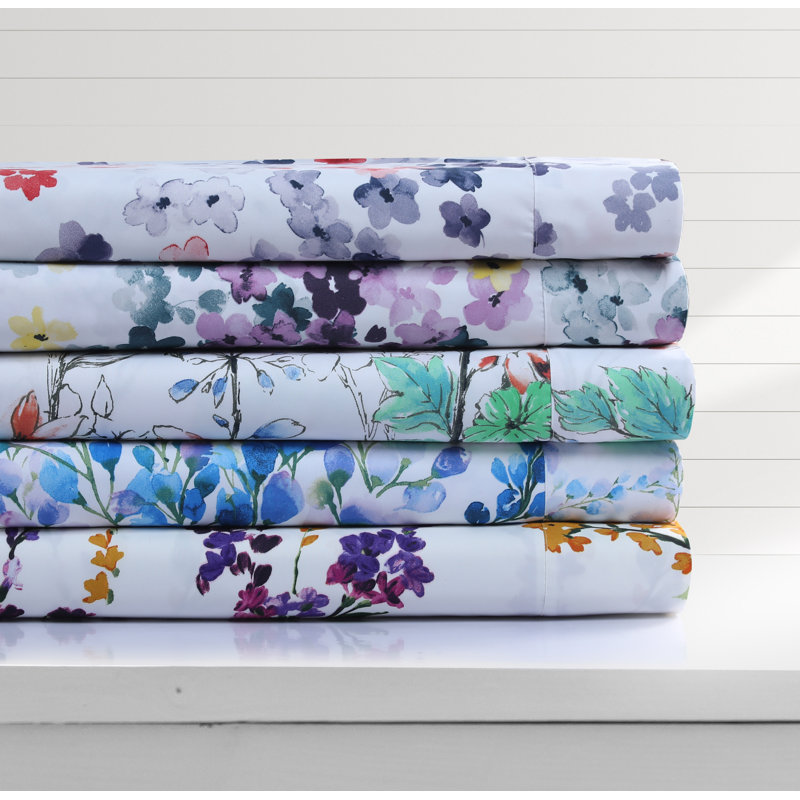 King Size White and Multicolor Floral Print Microfiber Sheet Set