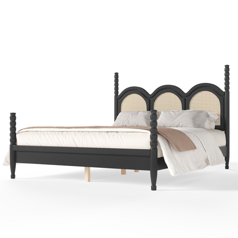 Lit plateforme Queen avec tête de lit arquée tissée, cadre de lit à baldaquin en bois, tête de lit incurvée, noir, Noir