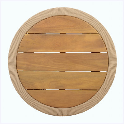 Table d'appoint conique en corde beige clair, plateau en bois d'acacia au fini teck, capacité de 150 lb, aucun assemblage requis, table d'appoint ronde à tissage ouvert moderne pour salon de patio