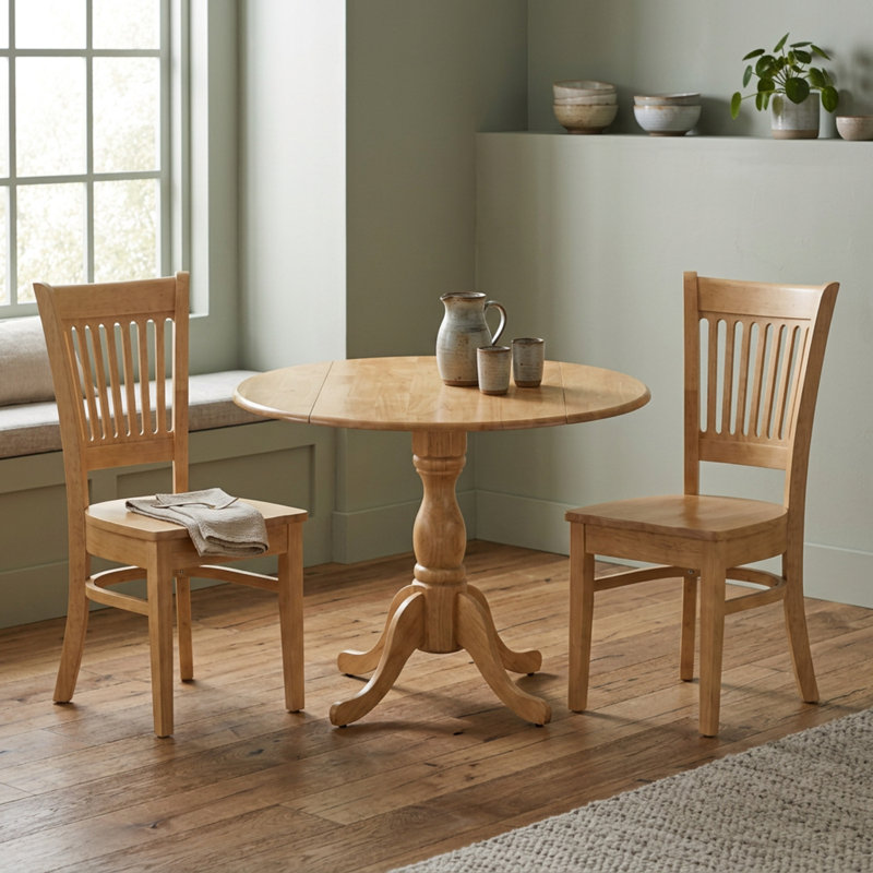 Ensemble de salle à manger rond 3 pièces en bois asiatique fini chêne, chaises à dossier à lattes pour petits espaces