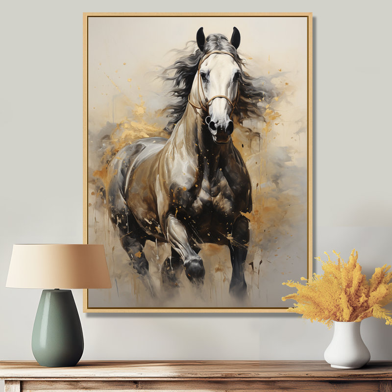 «Keavie Beige Horse Golden Équitation pointillisme», reproduction d'art sur toile, H 32 po x l 24 po x P 1 po