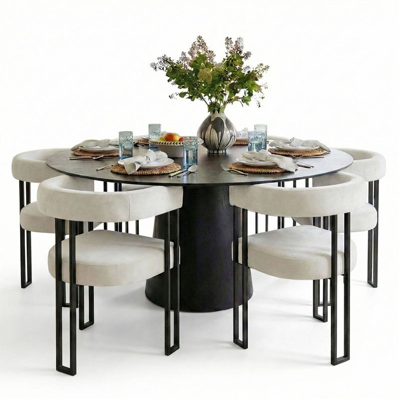 Ensemble de table de salle à manger pour 6 personnes avec table ronde de 60 po et 6 chaises rembourrées en velours, Beige