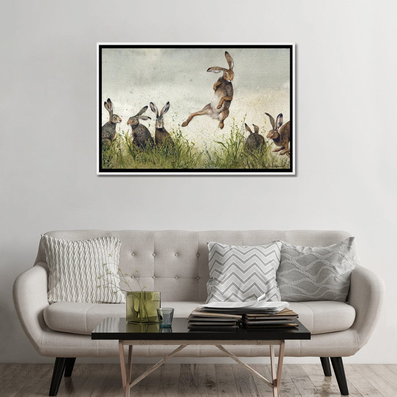 «Hijinx» par Maggie Vandewalle - impression d'art graphique, H 32 po x l 48 po x P 1,5 po, Toile encadrée flottée blanche