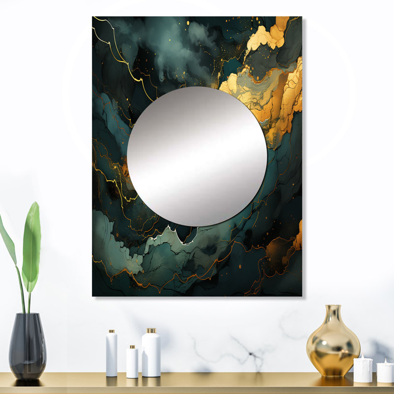 Humble humble or et vert abstrait marbre Aura III - miroir mural en marbre, miroir décoratif moderne, impression d'art en métal