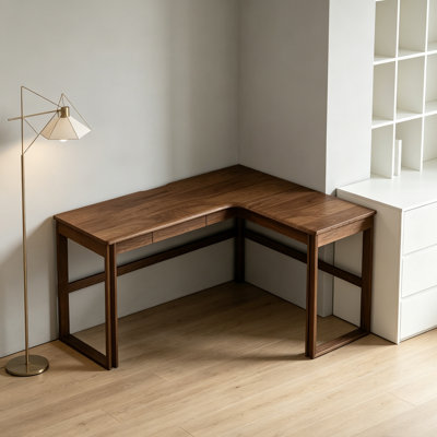 L-shaped Durable Rubberwood Solid Wood Desk
