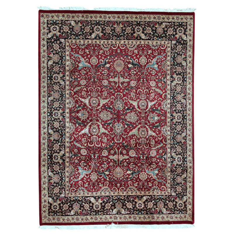 Tapis rouge / noir / vert noué à la main de conception unique 8 pi 10 po x 12 pi