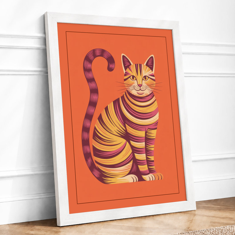 Striped Cat In Orange Modern - Print, A3 - 42.0 x 29.7 cm, White