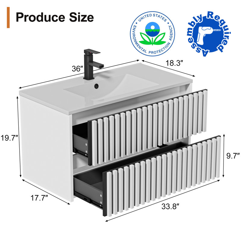 36" Wall Mounted Bathroom Vanity Set With Sink Top, Faucet And Drain, Floating Cabinet, White/Black