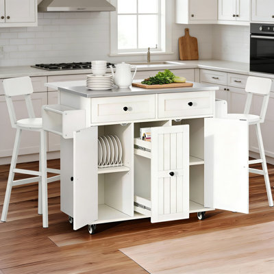 Mobile Kitchen Island With Stainless Steel Top, Drop Leaf Extension, 2 Bar Stools, Drawers, Cabinets, And Spice Rack - Versatile Rolling Cart With Seating And Storage
