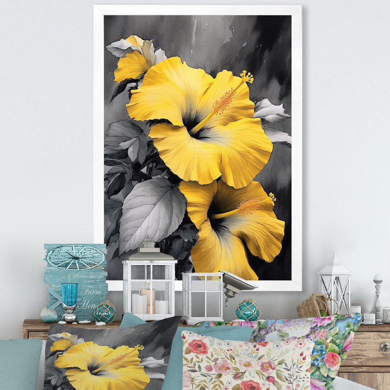 Yellow And Grey Hibiscus Serenade I, White Single Picture Framed, 44" H x 34" W x 1.5" D