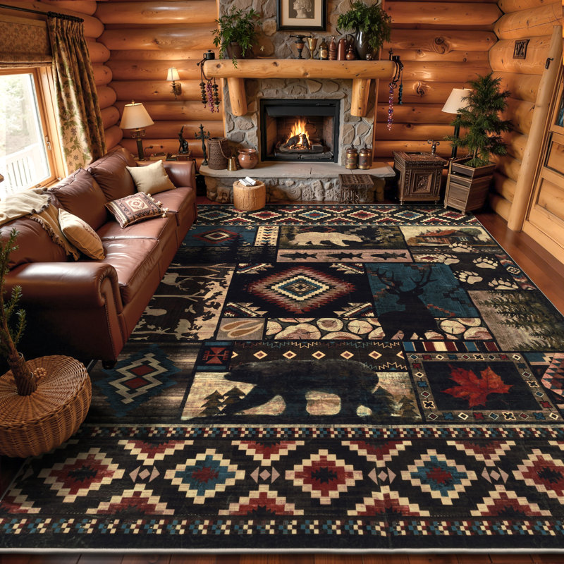 Tapis rustique lavable avec des cerfs, Rectangulaire 8 pi x 10 pi