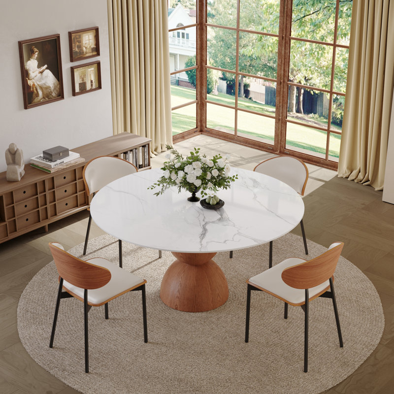 Ensemble de salle à manger rond 5 pièces pour 4 personnes, table et chaises de coin-repas, plateau en pierre, base en bois massif