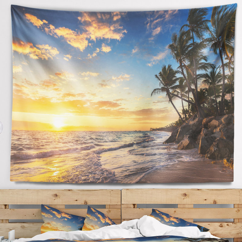 Tapisserie pour îlot tropical avec palmiers seascape paradise tropical, H 78 po x l 92 po