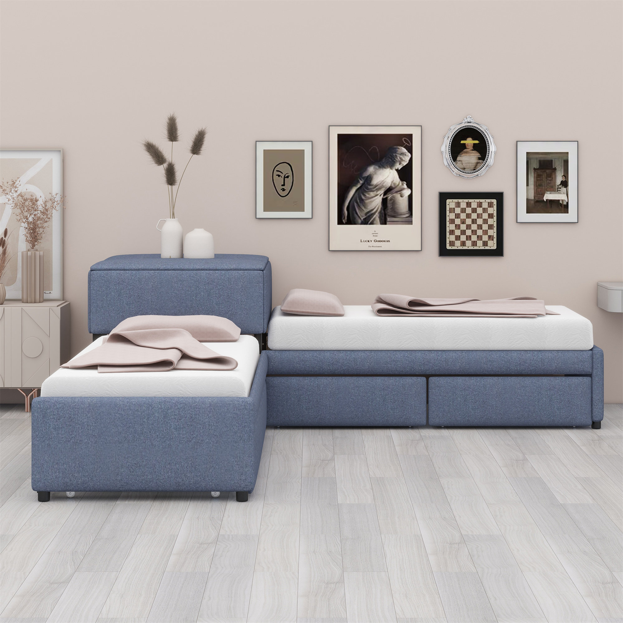 Latitude Run® L-Shaped Upholstered Platform Bed With Trundle And Two ...