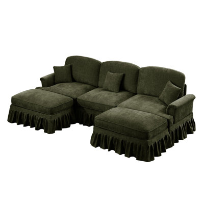Classic Comfy Modular U Shape Sectional Sofa Couch with Flared Arms and Removable Ruffles Pleats Skirts and Spindle Legs, Upholstered Chenille Deep Seat Cloud Sofa with Movable Ottomans