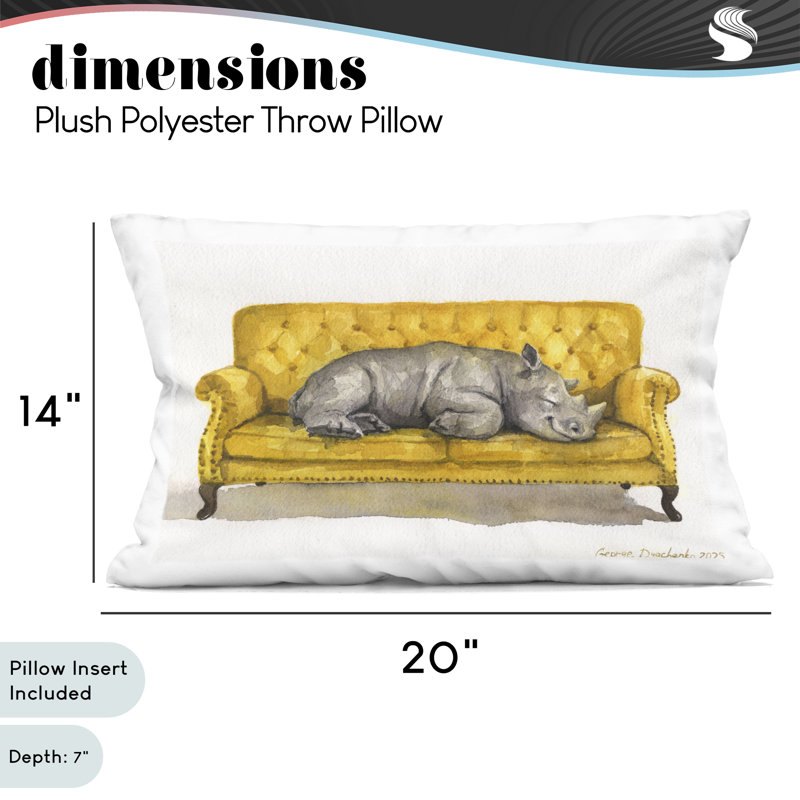 Mignon coussin décoratif Rhino, imprimé par George Dyachenko, 14 x 7 x 20, Motif d'animaux, jaune