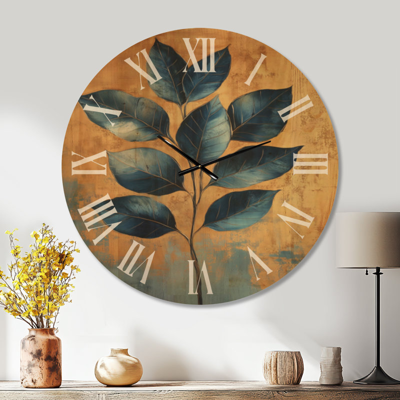 Feuilles d'or saphir I - Grande horloge murale glamour en bois, Extra Large