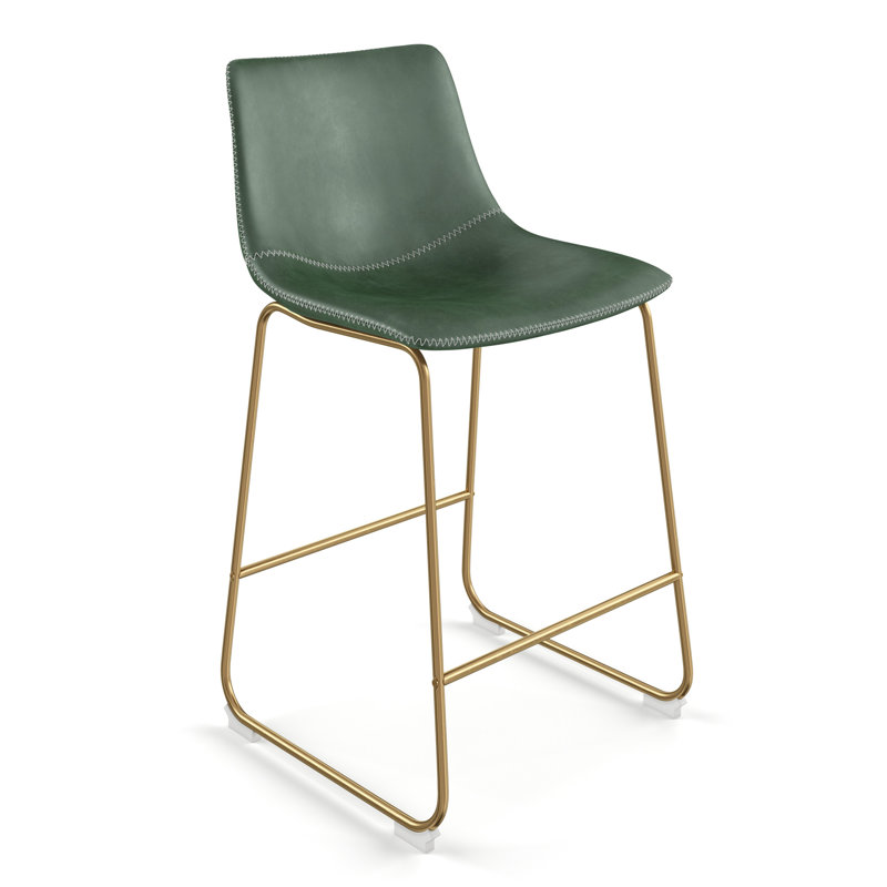 Tabouret de bar et de comptoir en cuir végétalien Nia, Tabouret de comptoir (assise de 24 po de hauteur), Vert, Doré