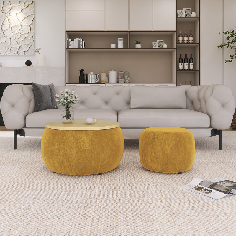 Table de bout ronde avec petit siège de rangement, Naturel, Jaune