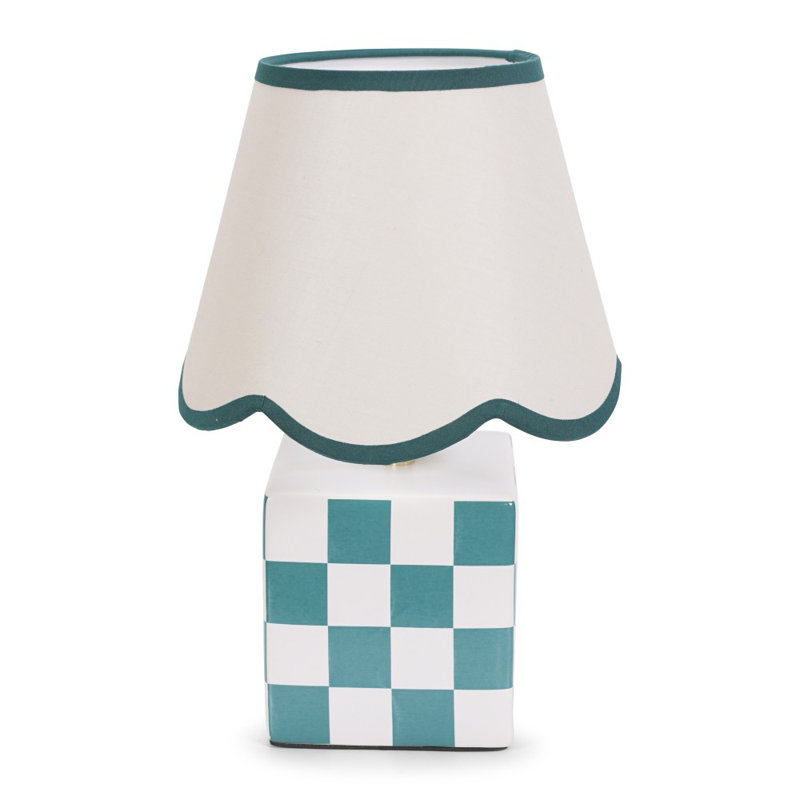 Evie Set of Ceramic Cube Checkered Table Lamp with Green Trim Linen Scallop Shade and LED Bulb, No