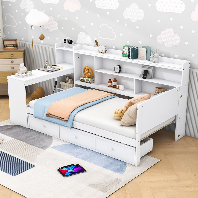 3 Drawers Wood Daybed with Built-in-Desk, Twin, White