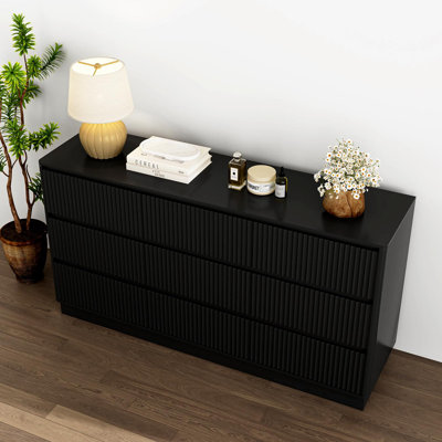 Commode 9 tiroirs pour chambre à coucher avec grands tiroirs, commode en bois de 63 po de largeur, grande commode au sol, meuble télé long et moderne, table d'appoint avec rangement Mid-Century, noir