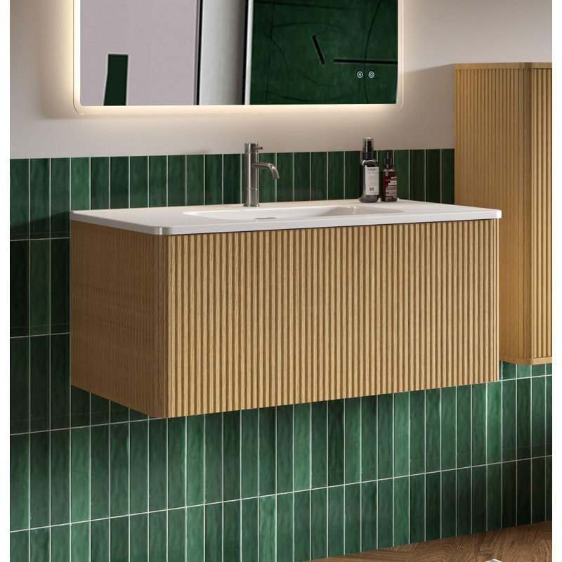 30" Wall Mounted Striped Natural Oak Single Bathroom Vanity With Ceramic Top, Yellow, 36"