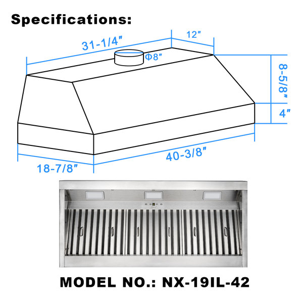 Range Hood Insert 54 Inch, 1200 CFM Built-in Kitchen Hood with 4 Speeds,  Ultra-Quiet Stainless Steel Ducted Vent Hood Insert with Dimmable LED  Lights