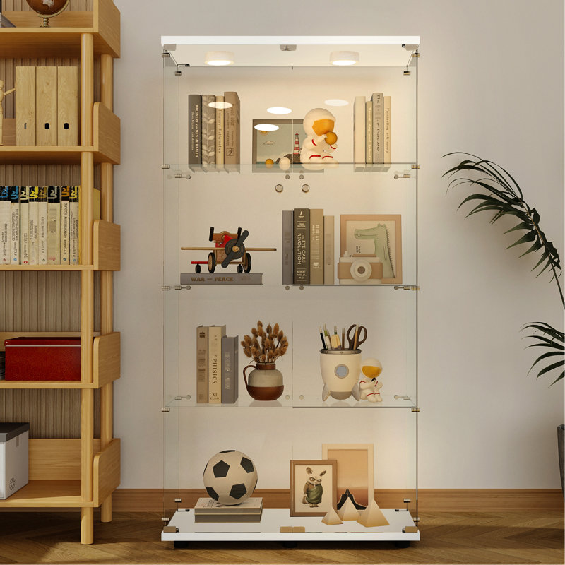 Armoire en verre trempé blanc avec pieds réglables et serrure, 3 à 4 tablettes, éclairage intégré pour les lumières de rangement du vin de l'espace de vie principal, blanc