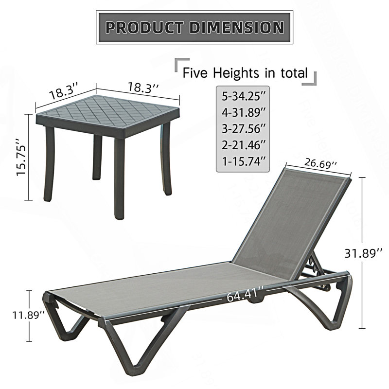 Ensemble de 3 chaises longues de patio, chaises longues d'extérieur avec table, chaises longues de piscine, Grey