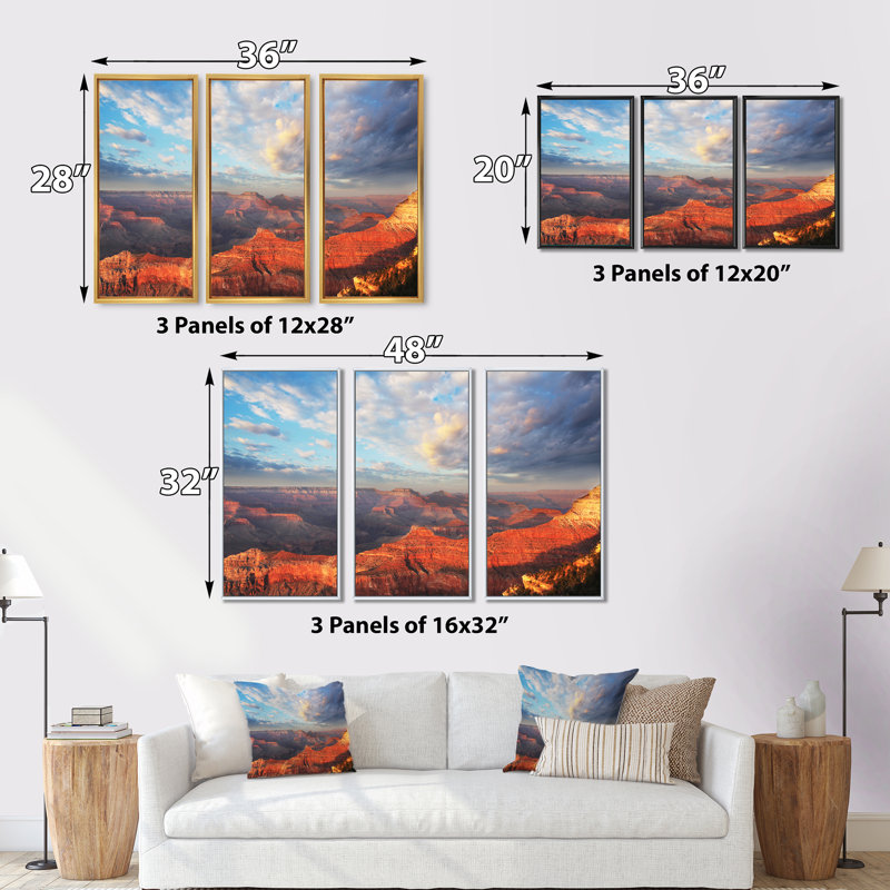 Grand Canyon - Ensemble de 3 toiles encadrées, H 28 po x l 36 po x P 1 po, Noir