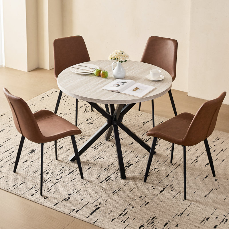 5-Piece Modern Round Dining Set, 39" Grey Stone Pattern Table with 4 Brown Faux Leather Chairs, Brown, Grey Stone Pattern