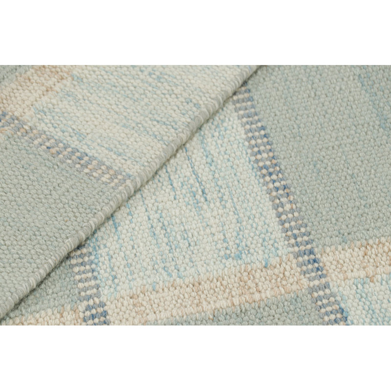 Rug & Kilim’S Scandinavian Style Runner Rug With Seafoam Blue Geometric Patterns, Rectangle 12' x 15'