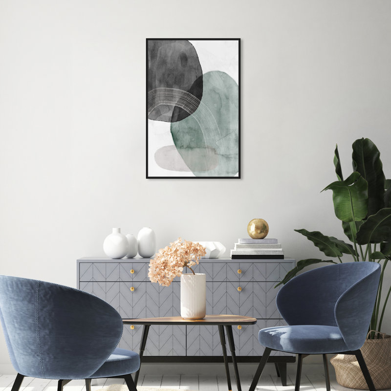 Abstrait vert solidaire géométrique - Peinture, H 30 po x l 20 po, Toile avec cadre noir
